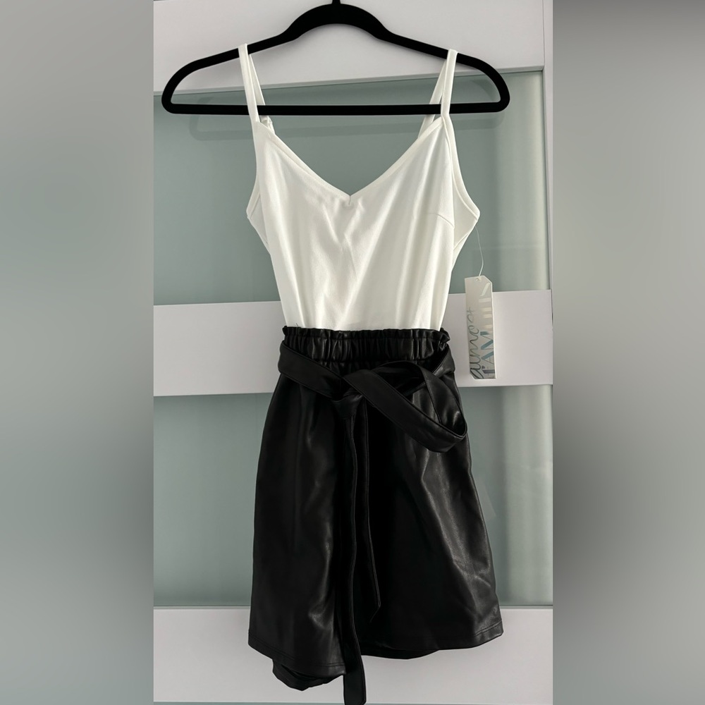 NWT White Tank with Leather Shorts Romper